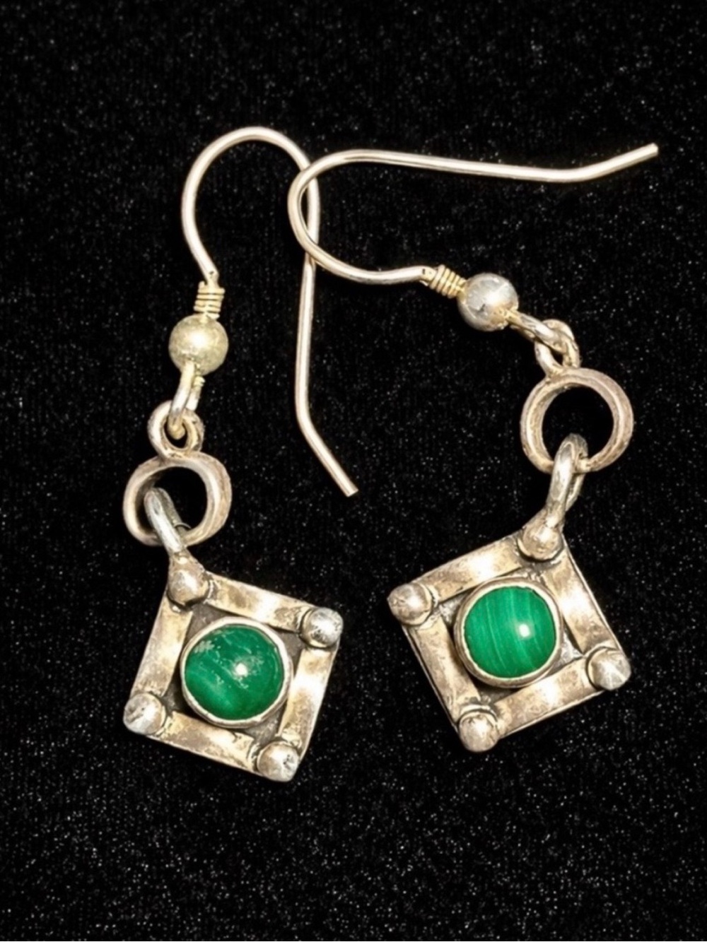 Sterling Silver Malachite Artisan Dangle Earrings 1.5”